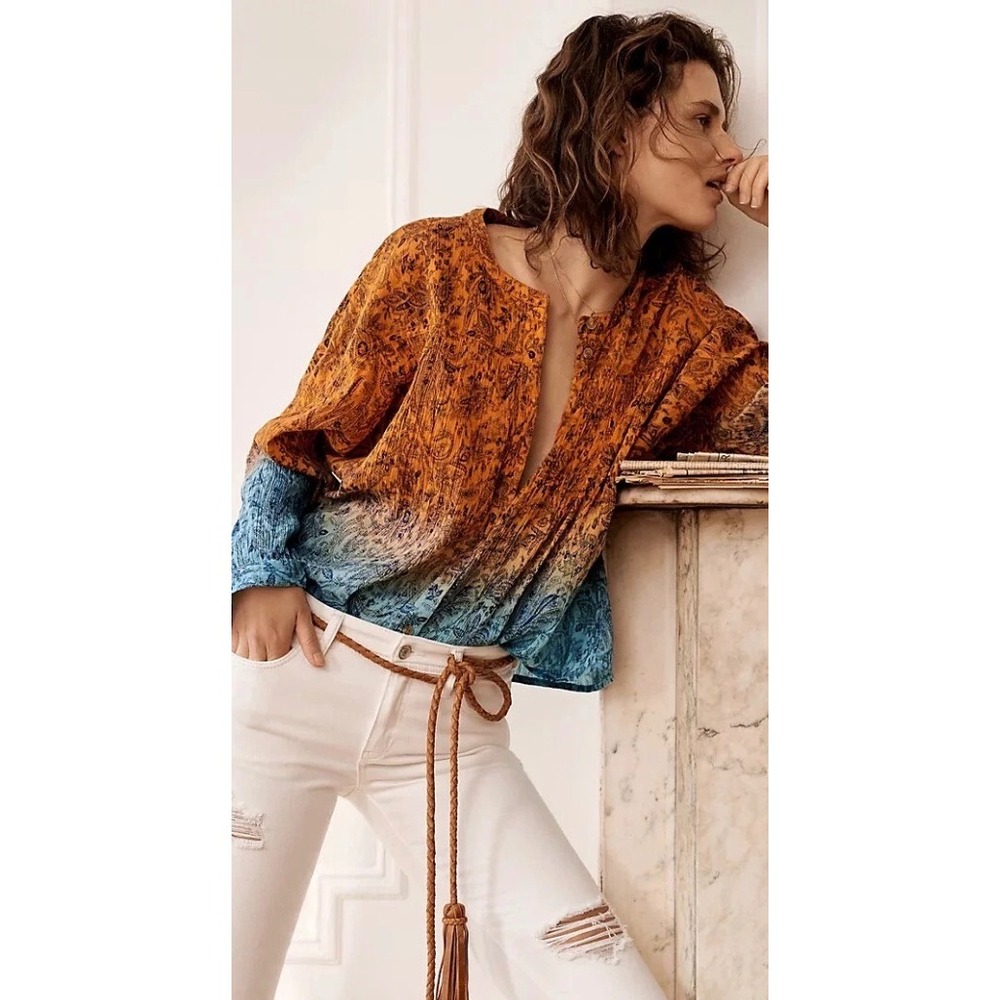 Pilcro‎ Pintuck Peasant Blouse Anthropologie boho floral paisley dip-dye ombre S